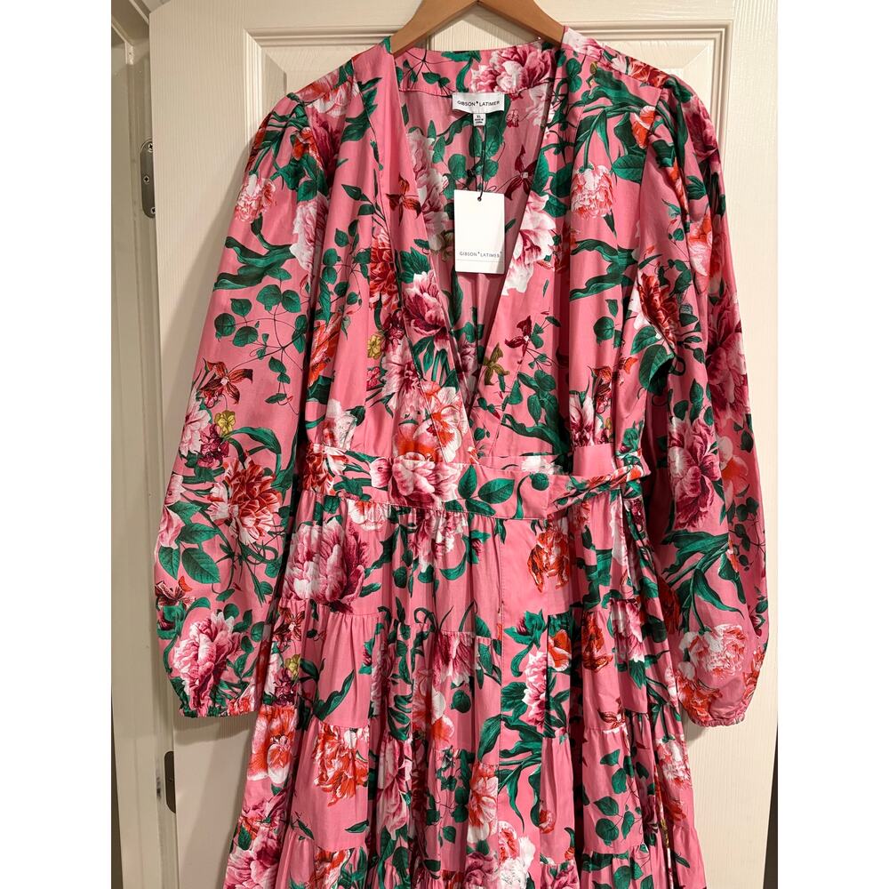 GIBSON LATIMER NWT Pink Floral Cotton Wrap Dress Size XL Spring Long Sleeve - Picture 2 of 7